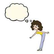 cartoon woman reaching to pick something up with thought bubble N8