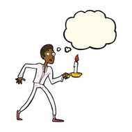 cartoon frightened man walking with candlestick thought bub N7