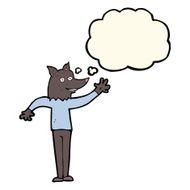 cartoon waving wolf man with thought bubble N4