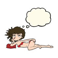 cartoon woman posing in underwear with thought bubble N8