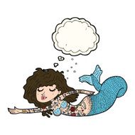 cartoon mermaid covered in tattoos with thought bubble N7