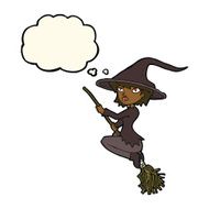 cartoon witch riding broomstick with thought bubble N12