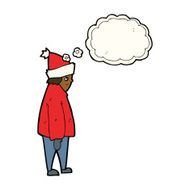 cartoon person in winter clothes with thought bubble N7