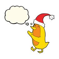 cartoon bird wearing xmas hat with thought bubble N4