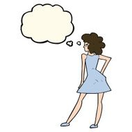 cartoon woman posing in dress with thought bubble N23