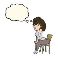 cartoon woman posing on chair with thought bubble N15