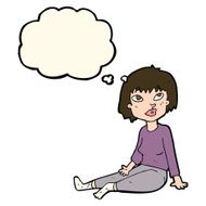 cartoon woman sitting on floor with thought bubble N8