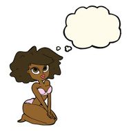 cartoon woman wearing bikini with thought bubble N5