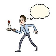 cartoon frightened man walking with candlestick thought bub N8