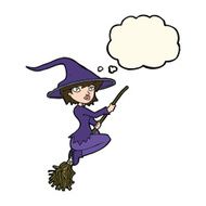 cartoon witch riding broomstick with thought bubble N13