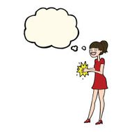 cartoon woman clapping hands with thought bubble N7