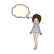 cartoon woman in short dress with thought bubble N8