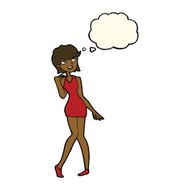 cartoon woman in cocktail dress with thought bubble N14