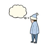 cartoon person in winter clothes with thought bubble N8