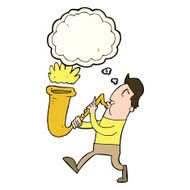 cartoon man blowing saxophone with thought bubble N4