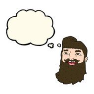 cartoon laughing bearded man with thought bubble N7