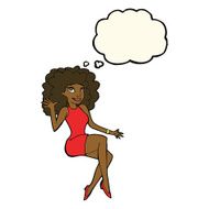 cartoon sitting woman waving with thought bubble N7