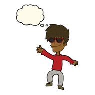 cartoon waving cool guy with thought bubble N7
