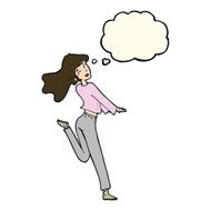 cartoon happy girl kicking out leg with thought bubble N7
