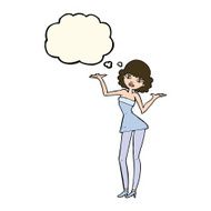 cartoon woman in cocktail dress with thought bubble N15