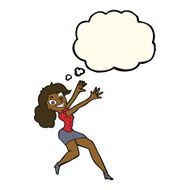 cartoon happy woman jumping with thought bubble N6