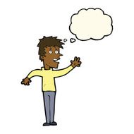 cartoon happy boy waving with thought bubble N15