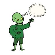 cartoon skeleton waving with thought bubble N8
