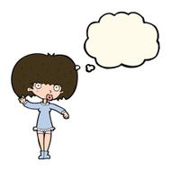 cartoon waving girl with thought bubble N8
