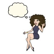 cartoon sitting woman waving with thought bubble N8