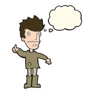 cartoon worried man giving thumbs up symbol with thought bubble N8