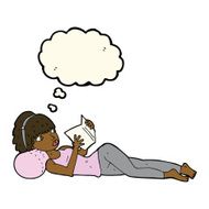 cartoon pretty woman reading book with thought bubble N7