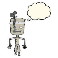 cartoon malfunctioning robot with thought bubble N4
