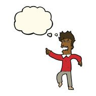 cartoon frightened man pointing with thought bubble N6