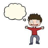 cartoon grinning boy with thought bubble N8
