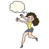 cartoon happy woman jumping with thought bubble N7
