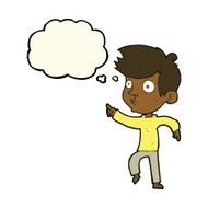 cartoon pointing boy with thought bubble N22