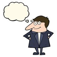 cartoon happy man in suit with thought bubble N7