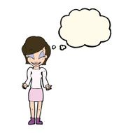 cartoon happy woman shrugging shoulders with thought bubble N16