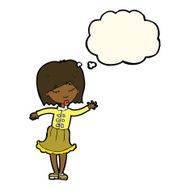 cartoon waving woman with thought bubble N88