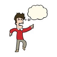cartoon frightened man pointing with thought bubble N7