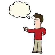 cartoon curious man pointing with thought bubble N7