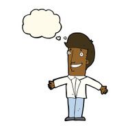 cartoon grining man with open arms thought bubble N7