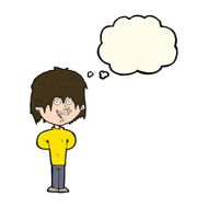 cartoon happy scruffy boy with thought bubble N7