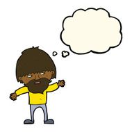 cartoon happy bearded man waving with thought bubble N6