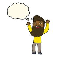 cartoon happy bearded man waving arms with thought bubble N6