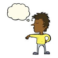 cartoon man making camp gesture with thought bubble N21