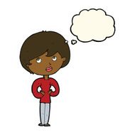cartoon woman making Who Me? gesture with thought bubble N35