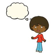 cartoon woman thinking with thought bubble N10