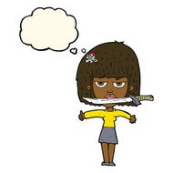 cartoon woman with knife between teeth thought bubble N26