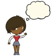cartoon waving woman with thought bubble N89